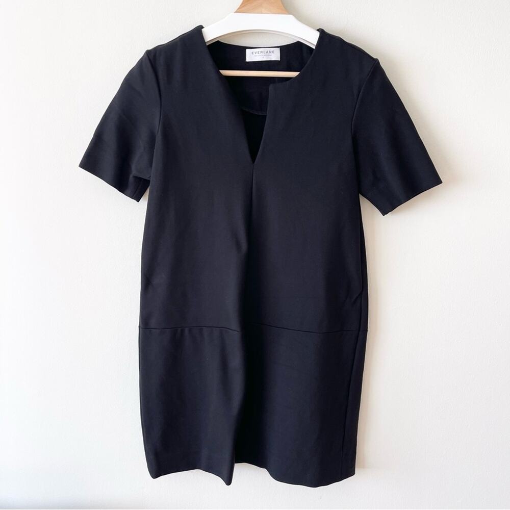 EVERLANE The Ponte Shirt Dress Black Thick Knit Split Neck Women’s size S Black